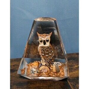 Vintage Lucite Acrylic Hand Carved Painted Horned Owl Unique Canada Paperweight